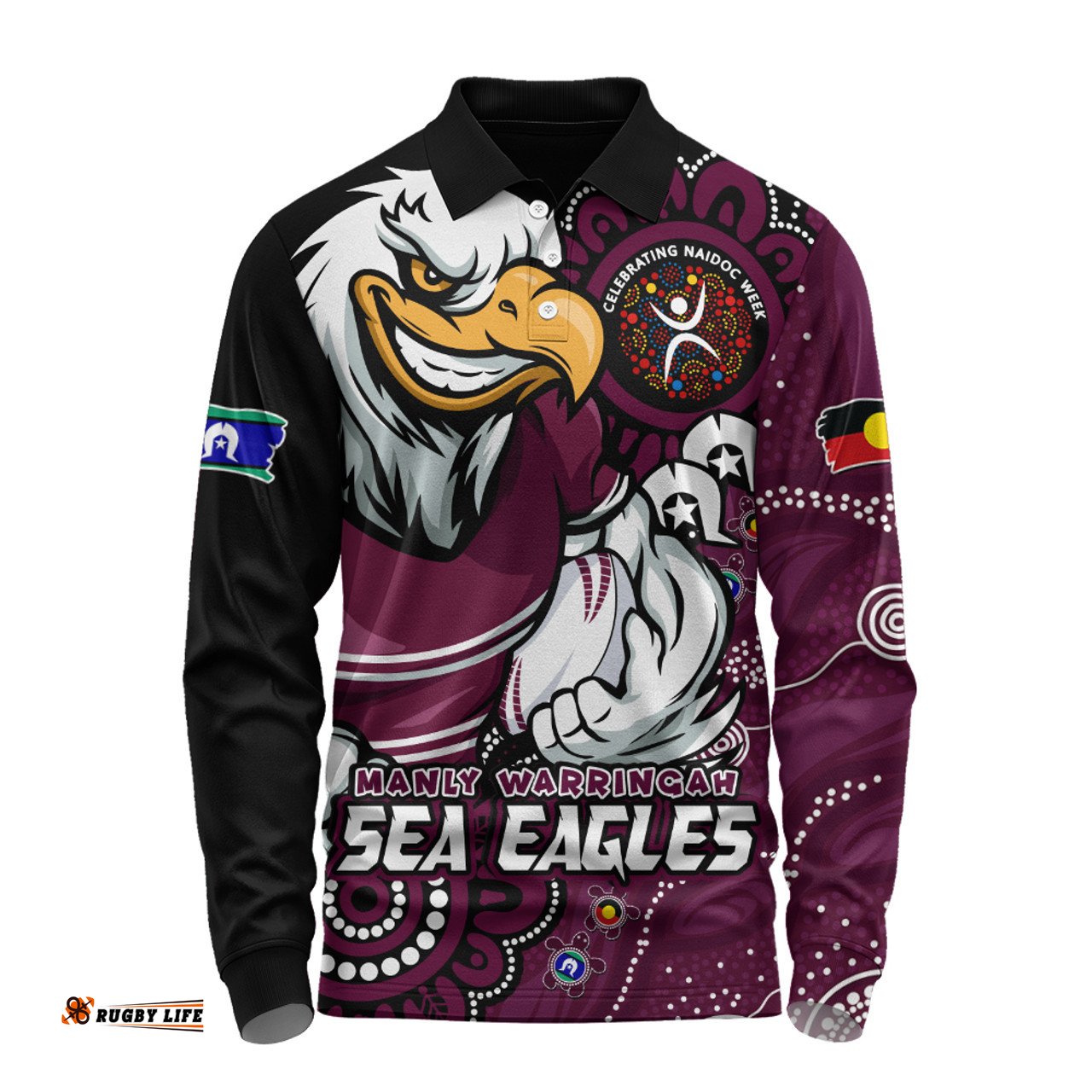Amazing Aussie Manly Warringah Sea Eagles Power Through Generations NAIDOC Edition Long Sleeve Polo Shirt