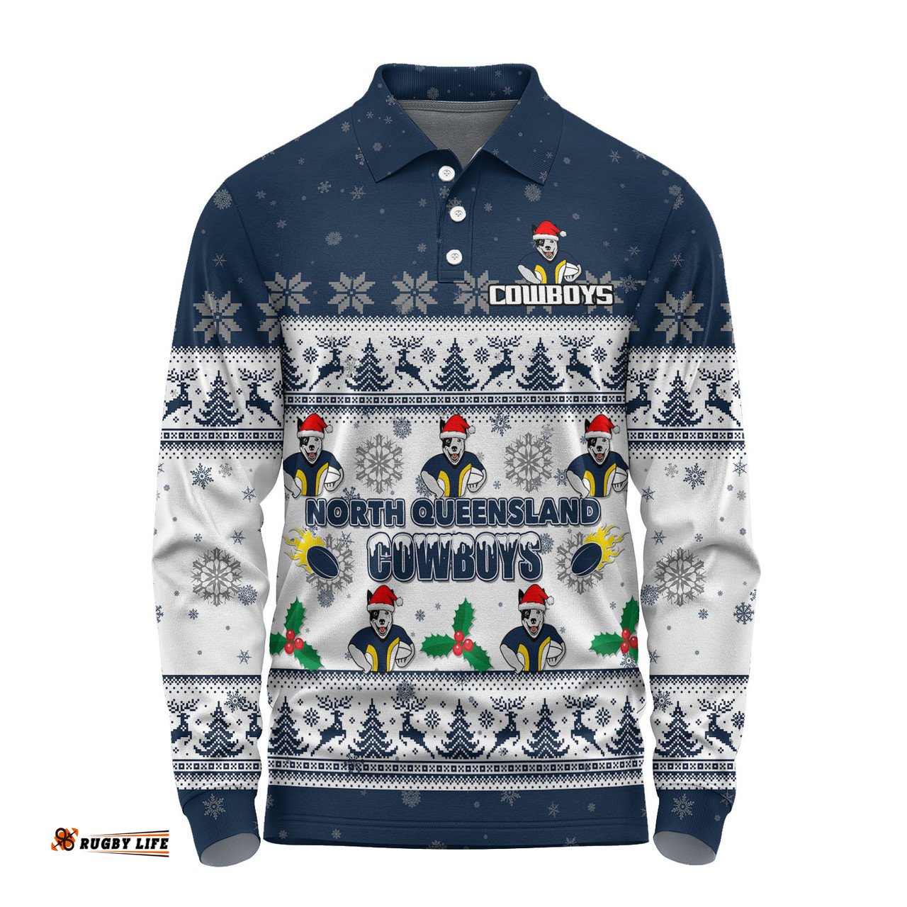 Amazing Aussie North Queensland Cowboys Christmas Custom Special Ugly Christmas Long Sleeve Polo Shirt