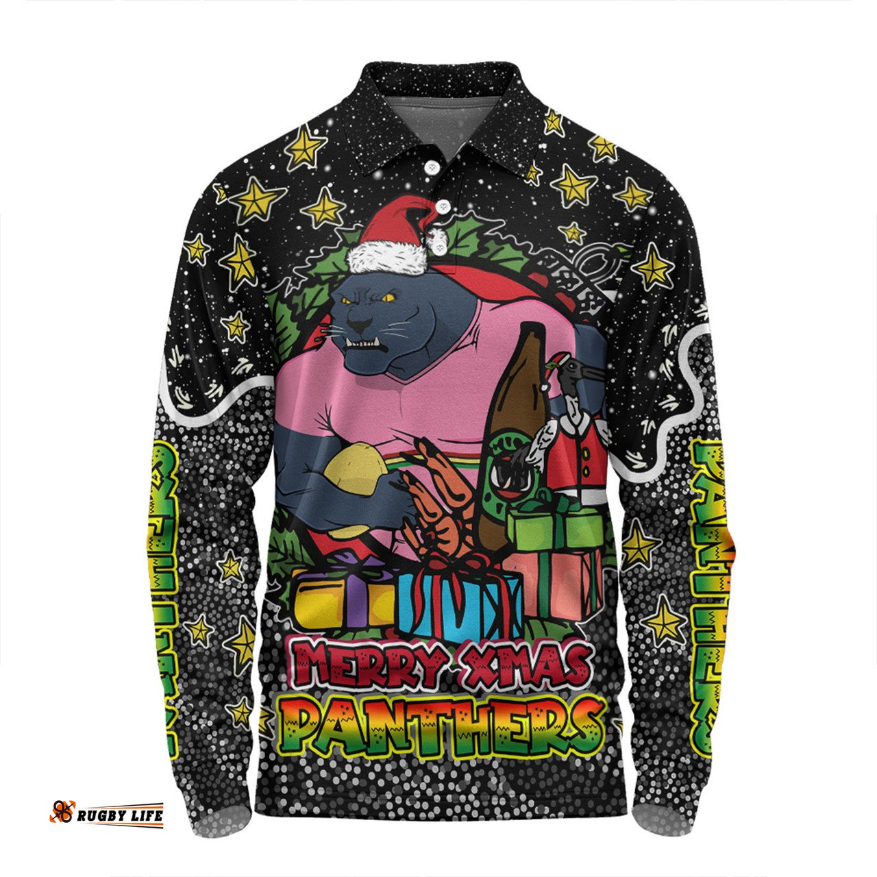 Amazing Aussie Penrith Panthers Christmas Custom Merry Christmas Our Beloved Team With Aboriginal Dot Art Pattern Long Sleeve Polo Shirt
