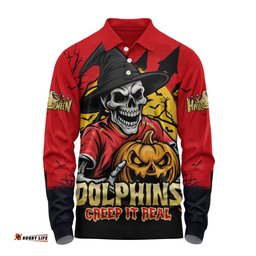 Amazing Aussie Redcliffe Dolphins Dark Moon Rugby Halloween Battle Edition Long Sleeve Polo Shirt