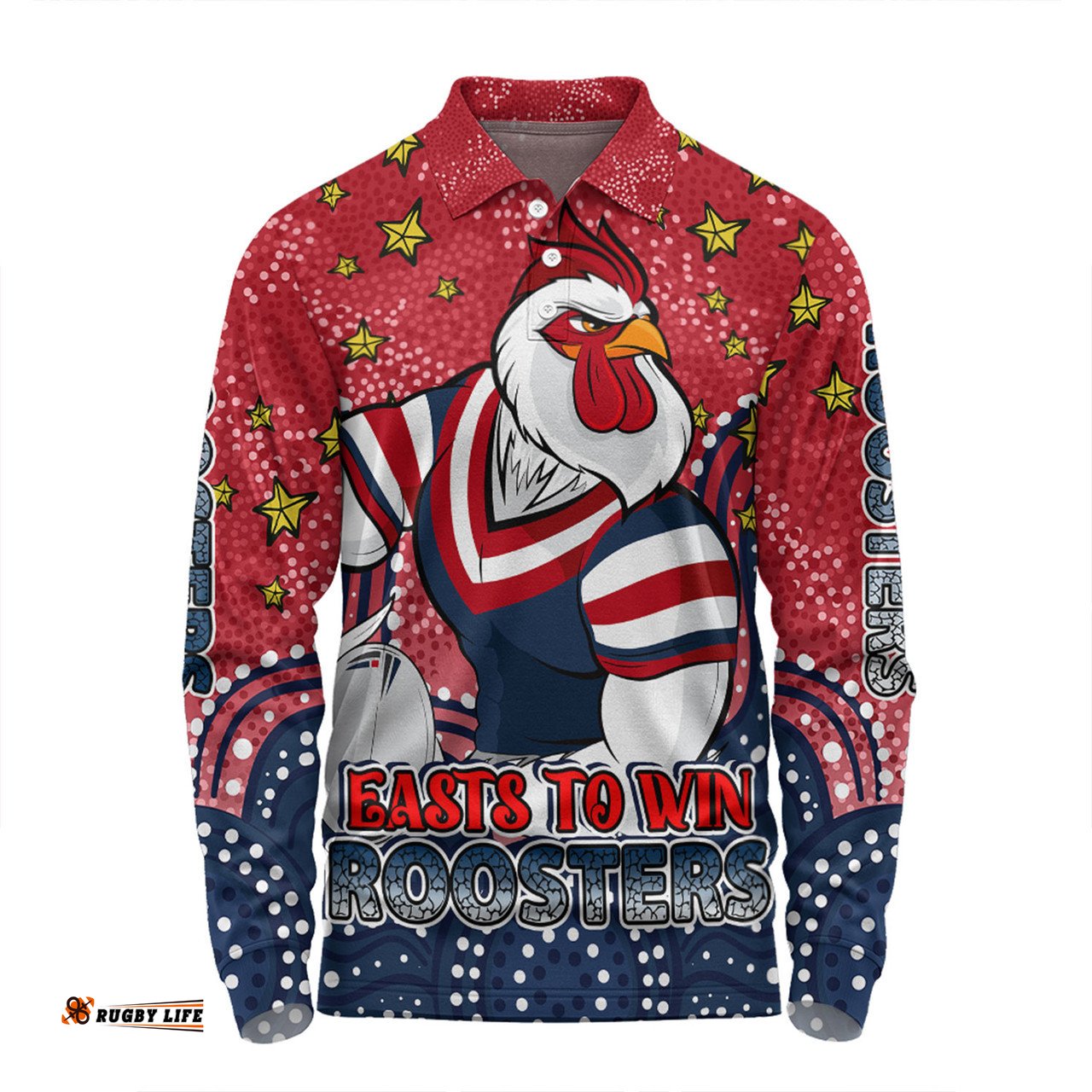 Amazing Aussie Sydney Roosters Custom Custom With Aboriginal Inspired Style Of Dot Painting Patterns  Long Sleeve Polo Shirt