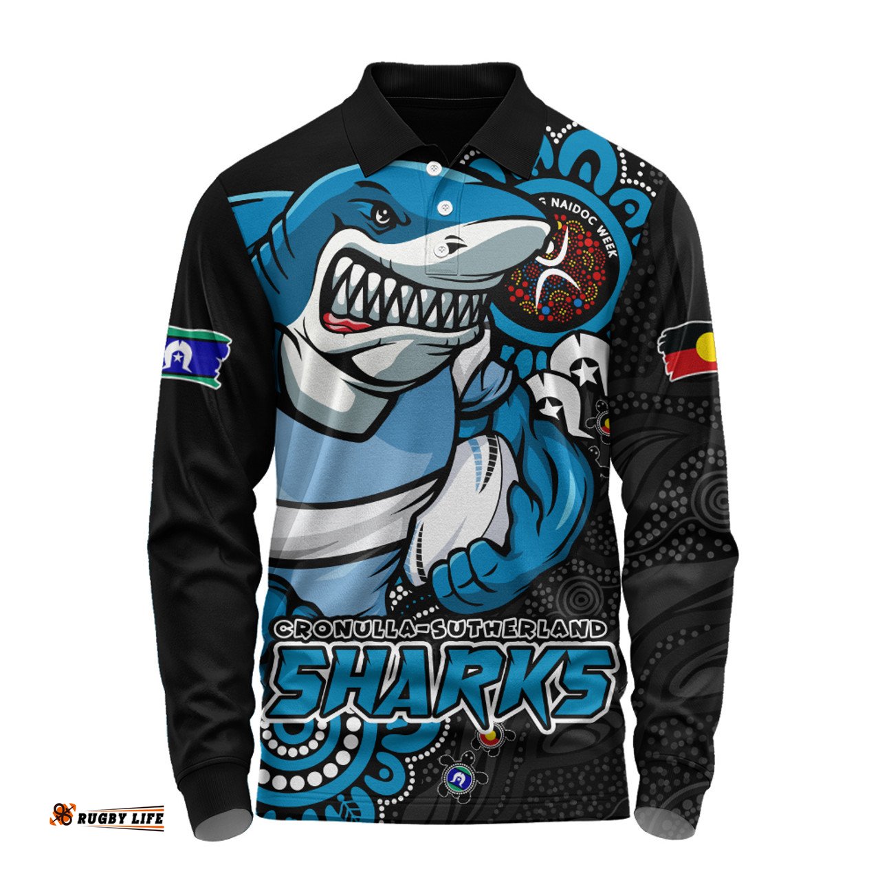 Amazing Aussie Cronulla Sutherland Sharks Power Through Generations NAIDOC Edition Long Sleeve Polo Shirt