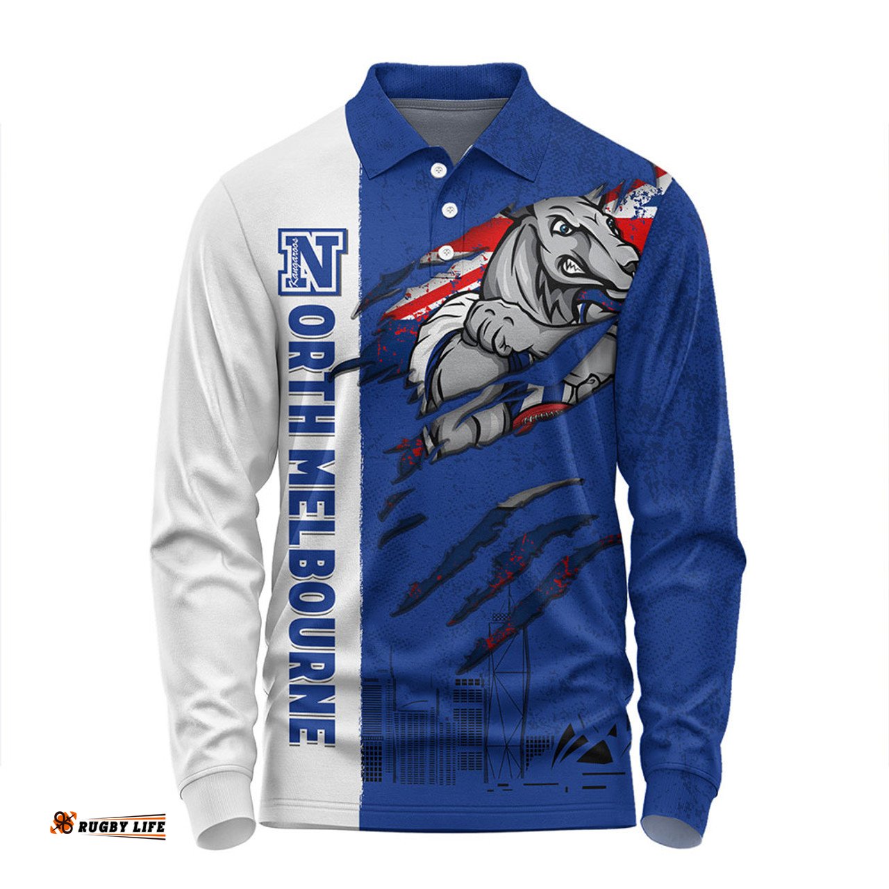 Amazing Aussie North Melbourne Burning Passion Of Power Scratch Style Long Sleeve Polo Shirt