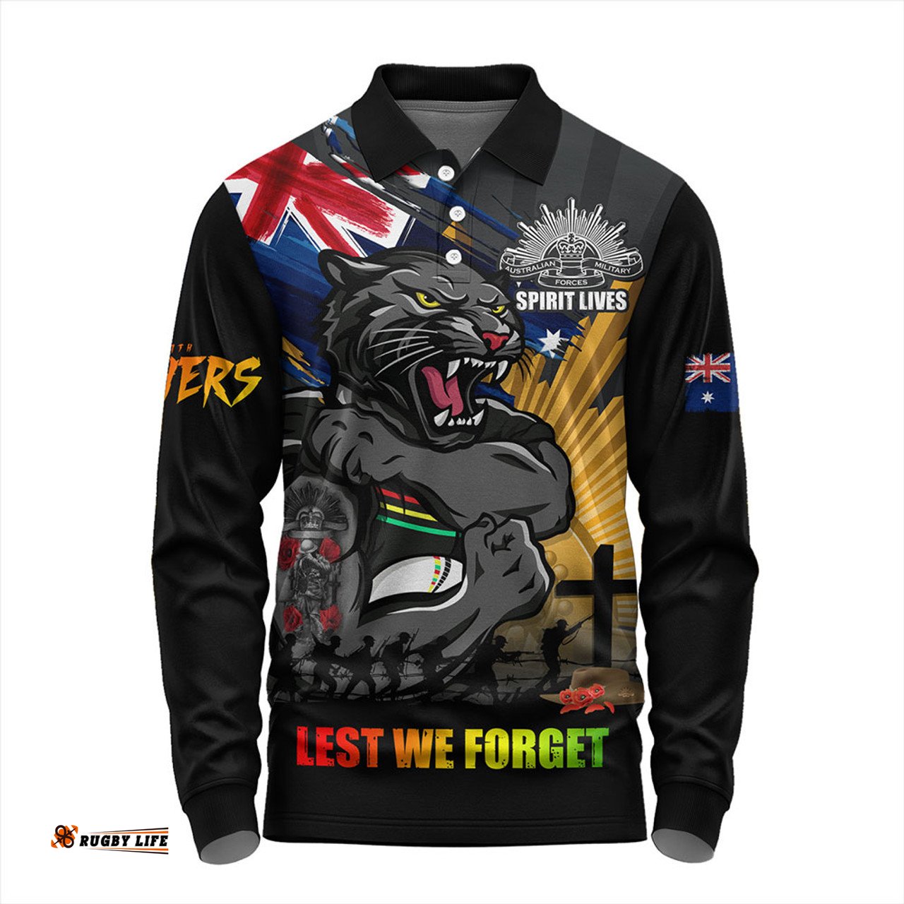 Amazing Aussie Penrith Panthers Fearless ANZAC Defender Long Sleeve Polo Shirt
