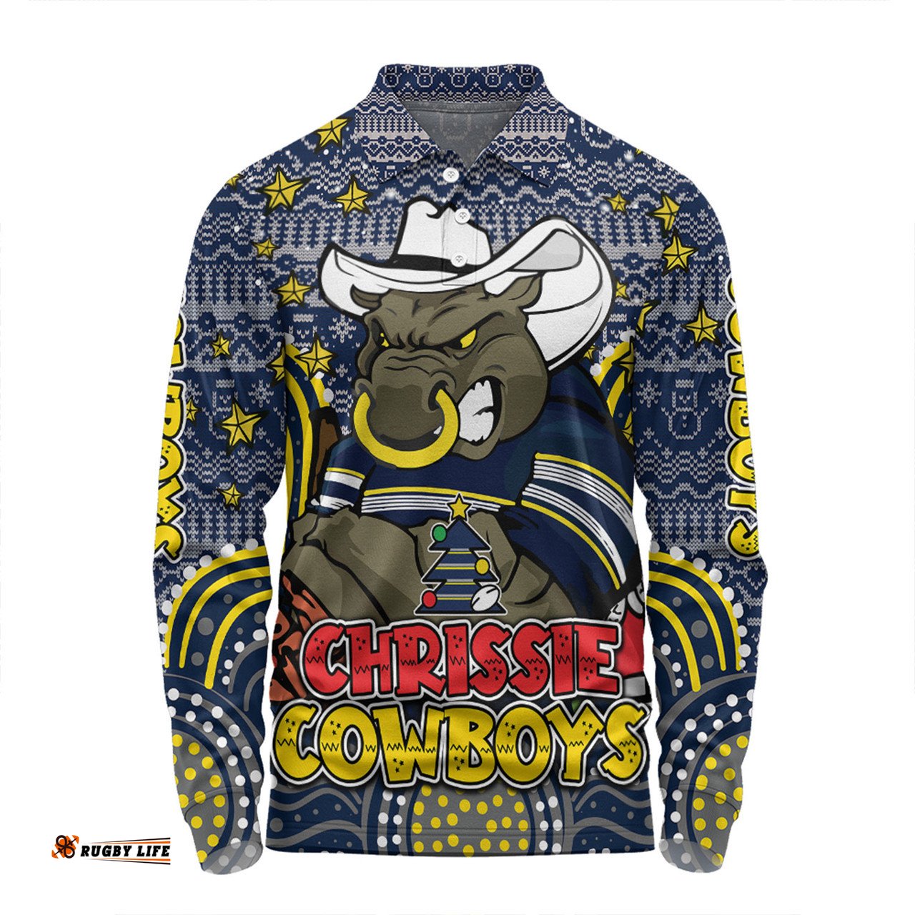Amazing Aussie North Queensland Cowboys Christmas Custom Christmas Knit Patterns Vintage Jersey Ugly Long Sleeve Polo Shirt