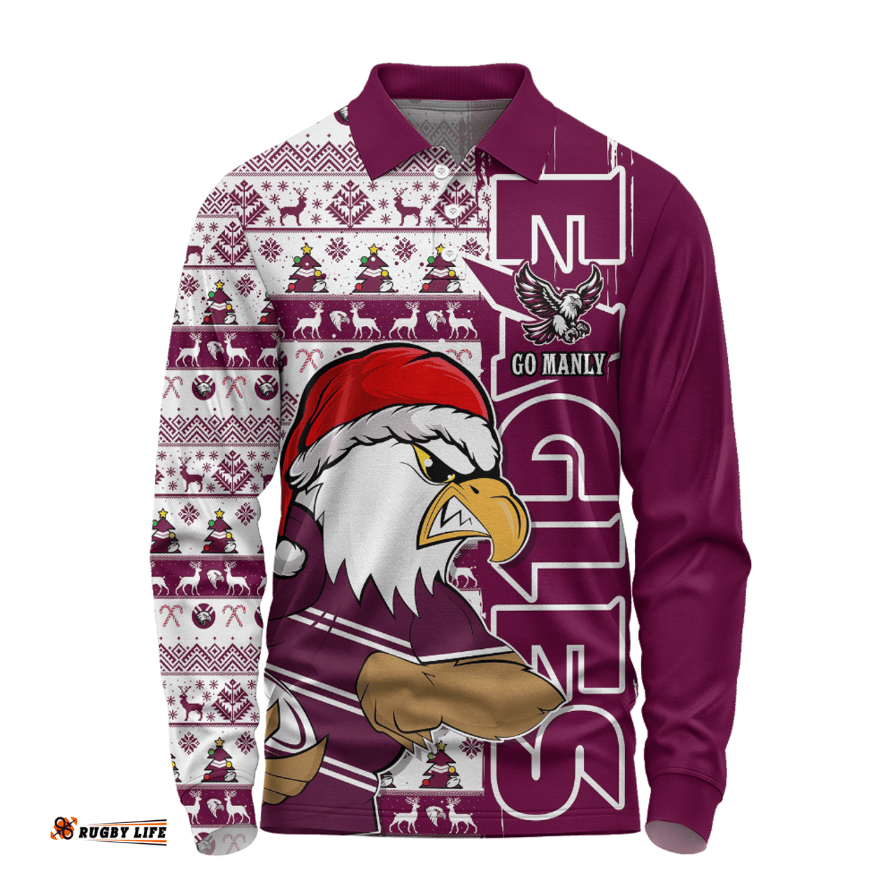 Amazing Aussie Manly Warringah Sea Eagles Merry Ugly Xmas Nordic Pattern Style Long Sleeve Polo Shirt