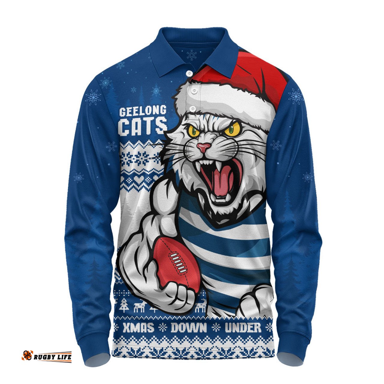 Amazing Aussie Geelong Cats Merry Christmas Down Under Footy Power Style Long Sleeve Polo Shirt