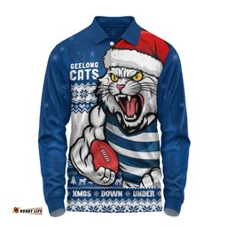 Amazing Aussie Geelong Cats Merry Christmas Down Under Footy Power Style Long Sleeve Polo Shirt
