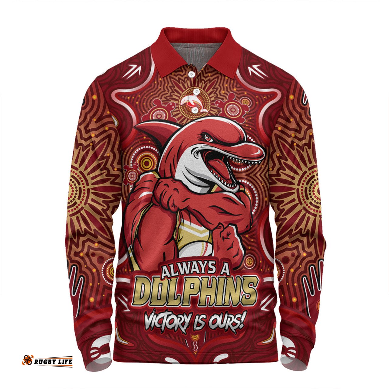 Amazing Aussie Redcliffe Dolphins Aboriginal Pattern Inspired Victory Is Ours Long Sleeve Polo Shirt