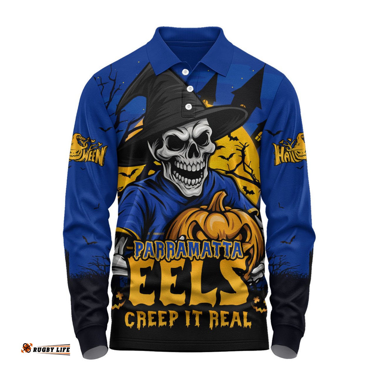 Amazing Aussie Parramatta Eels Dark Moon Rugby Halloween Battle Edition Long Sleeve Polo Shirt