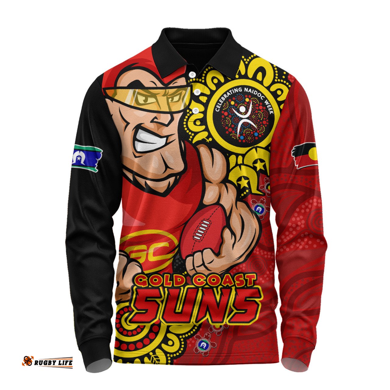 Amazing Aussie Gold Coast SUNS Power Through Generations NAIDOC Edition Long Sleeve Polo Shirt