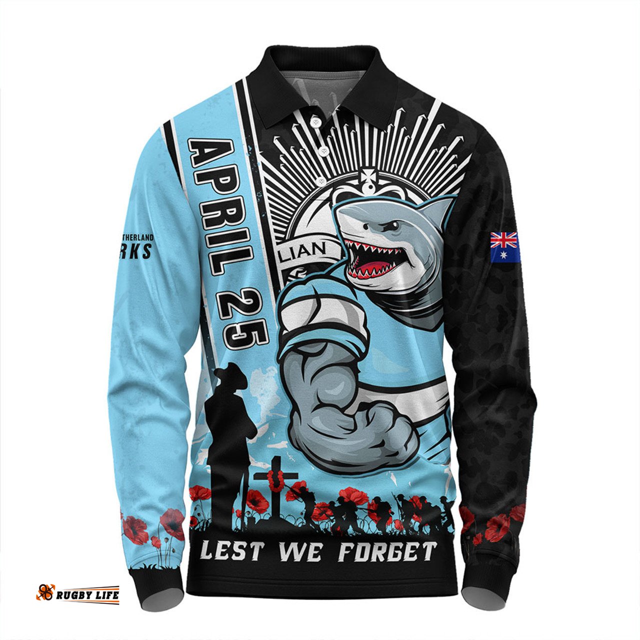 Amazing Aussie Cronulla Sutherland Sharks Anzac Day Lest We Forget Strong Fighting Spirit Long Sleeve Polo Shirt