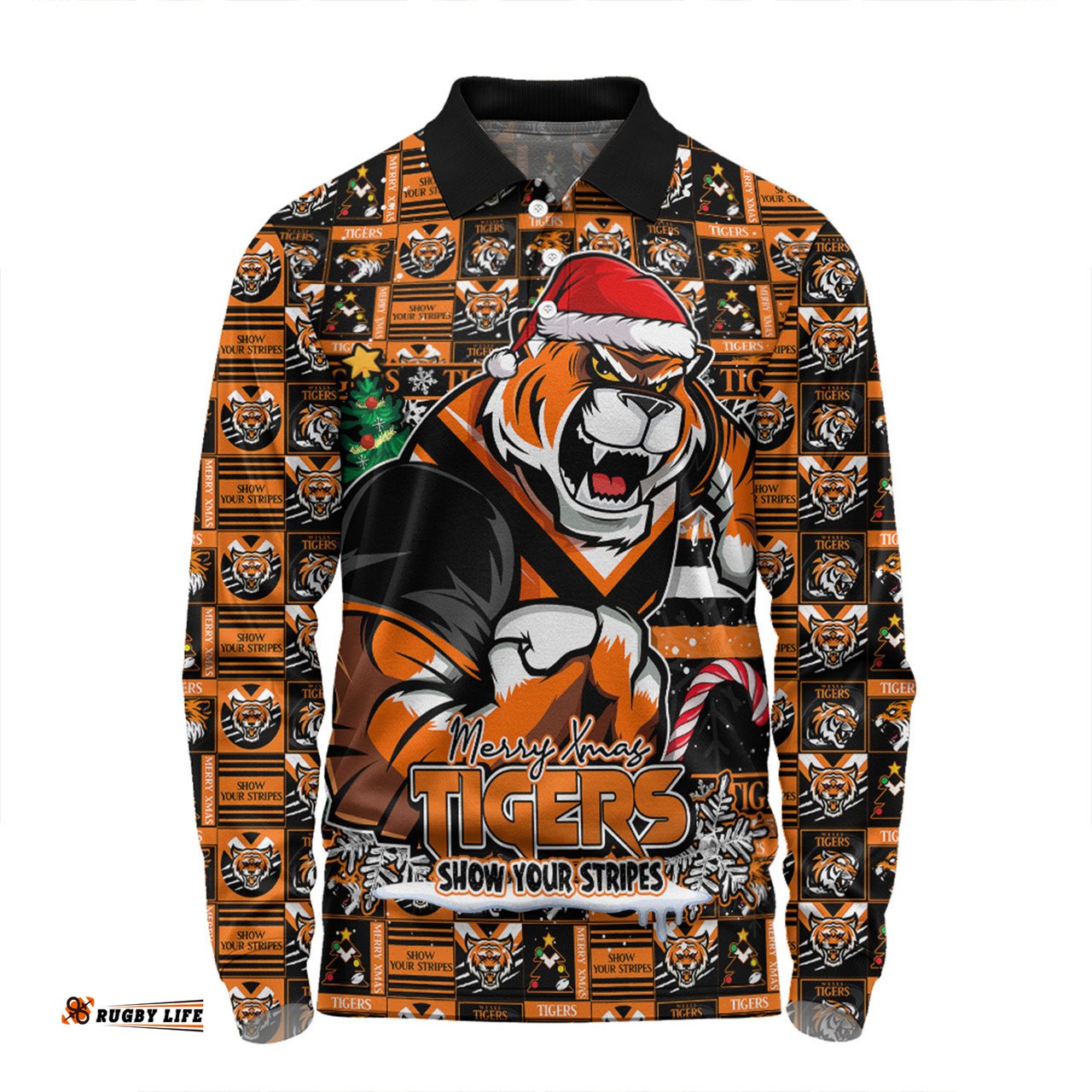 Amazing Aussie Wests Tigers Merry Ugly Christmas Comic Style Long Sleeve Polo Shirt