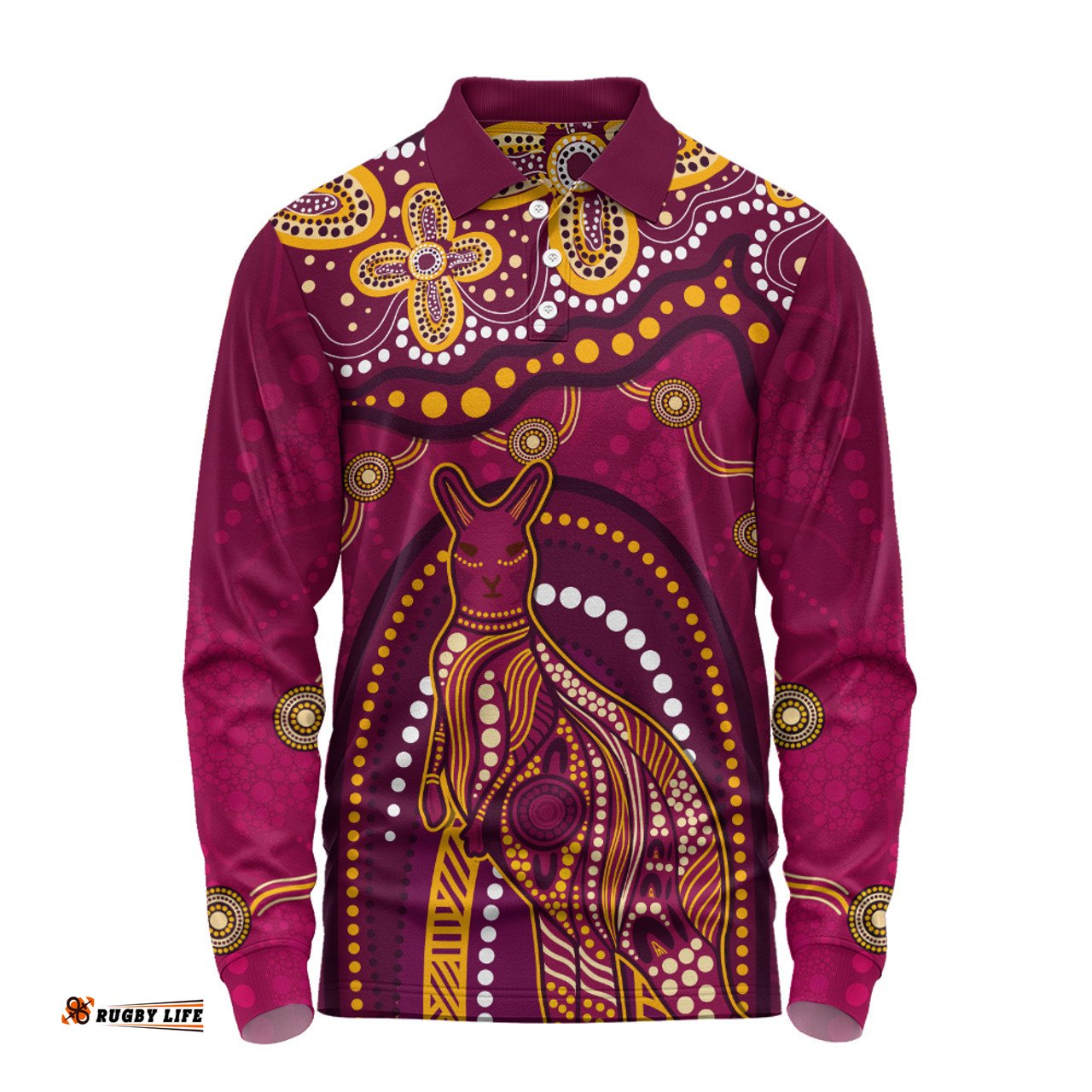 Amazing Aussie Indigenous Australian Aboriginal Kangaroo Dreaming Outback Spirit Edition Maroons Long Sleeve Polo Shirt