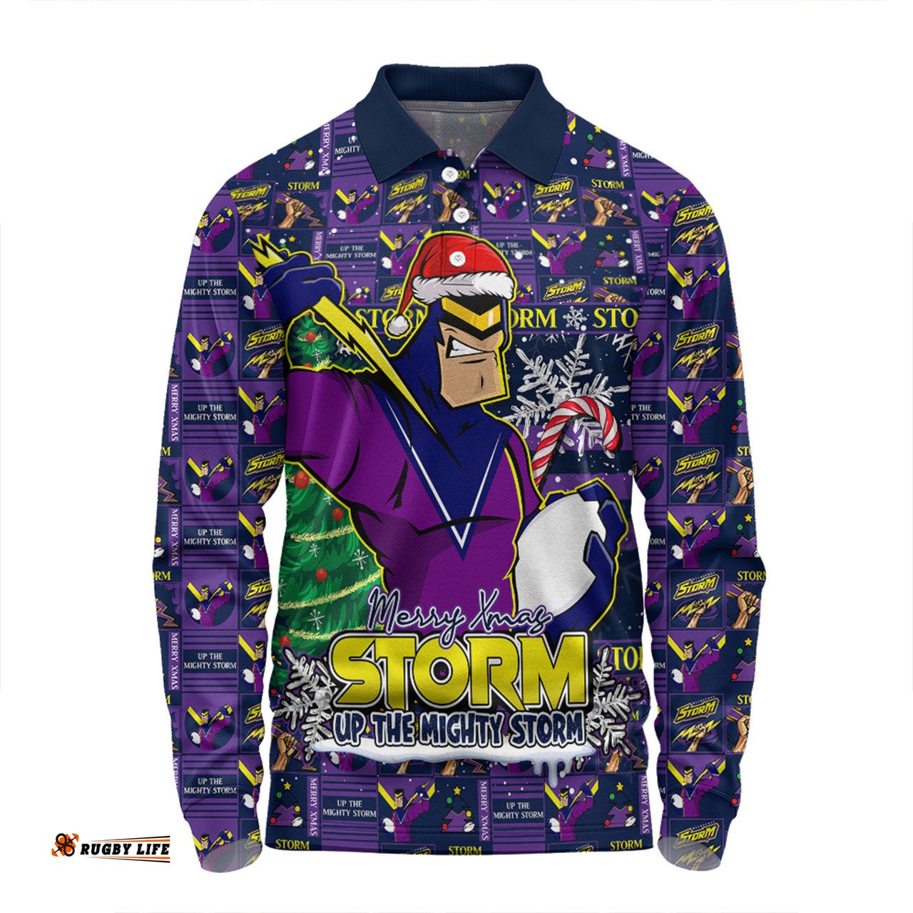 Amazing Aussie Melbourne Storm Merry Ugly Christmas Comic Style Long Sleeve Polo Shirt