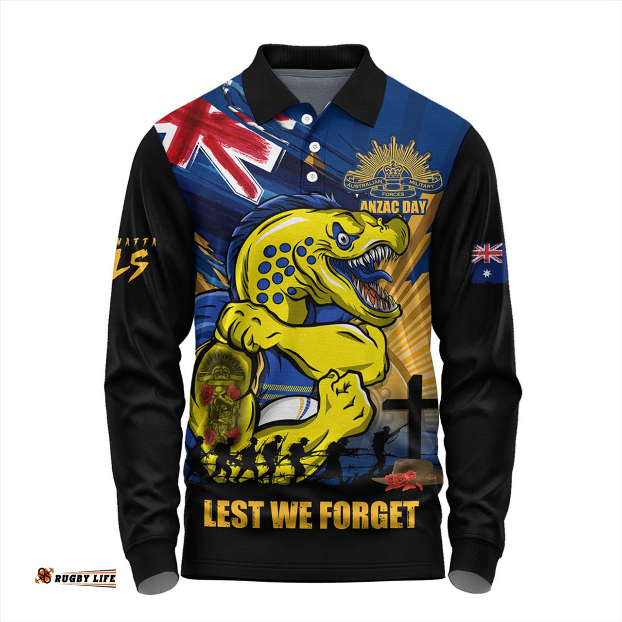 Amazing Aussie Parramatta Eels Fearless ANZAC Defender Long Sleeve Polo Shirt