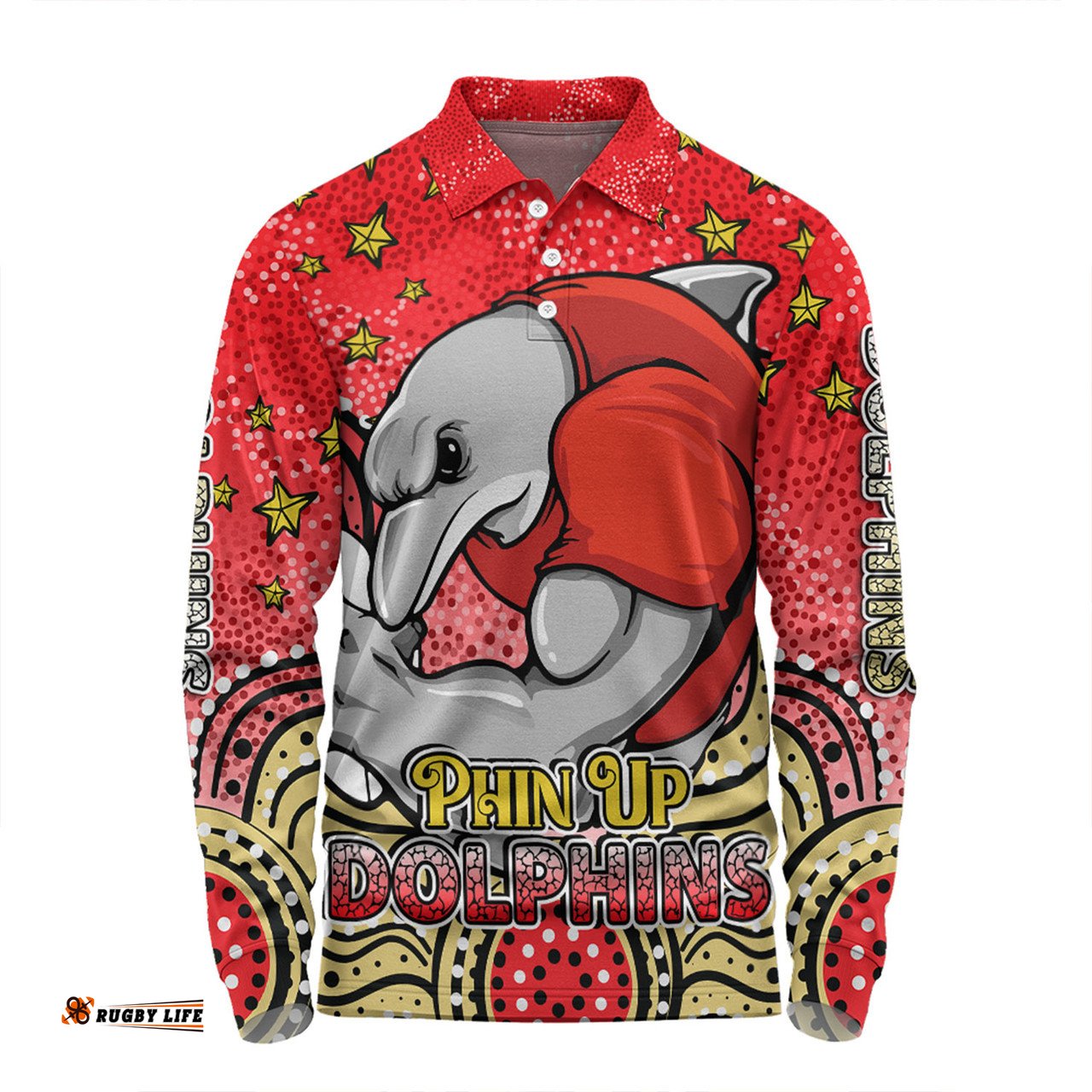 Amazing Aussie Redcliffe Dolphins Custom Custom With Aboriginal Inspired Style Of Dot Painting Patterns  Long Sleeve Polo Shirt