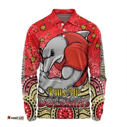 Amazing Aussie Redcliffe Dolphins Custom Custom With Aboriginal Inspired Style Of Dot Painting Patterns  Long Sleeve Polo Shirt