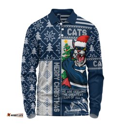 Amazing Aussie Geelong Cats Merry Christmas Knit Style Festive Spirit Long Sleeve Polo Shirt