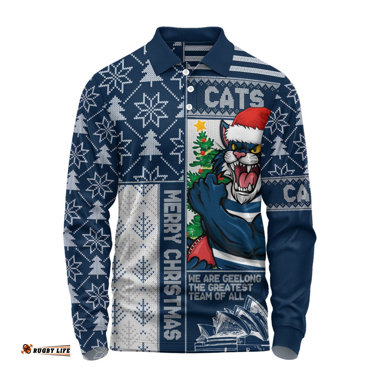Amazing Aussie Geelong Cats Merry Christmas Knit Style Festive Spirit Long Sleeve Polo Shirt