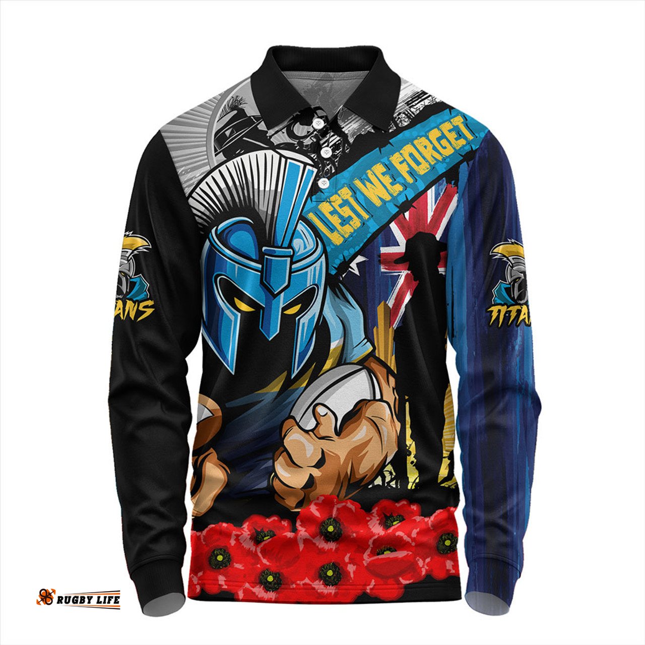 Amazing Aussie Gold Coast Titans United In Spirit Anzac Day Tribute Long Sleeve Polo Shirt