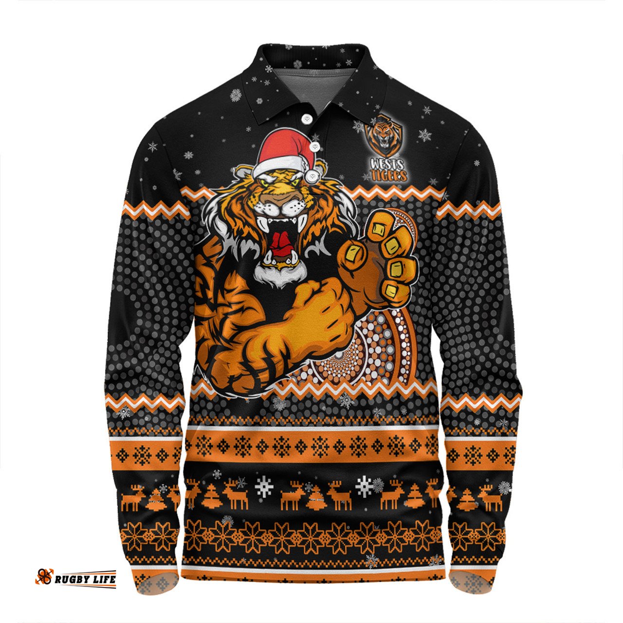 Amazing Aussie Wests Tigers Christmas Custom Ugly Xmas And Aboriginal Patterns For Die Hard Fan Long Sleeve Polo Shirt