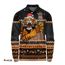 Amazing Aussie Wests Tigers Christmas Custom Ugly Xmas And Aboriginal Patterns For Die Hard Fan Long Sleeve Polo Shirt