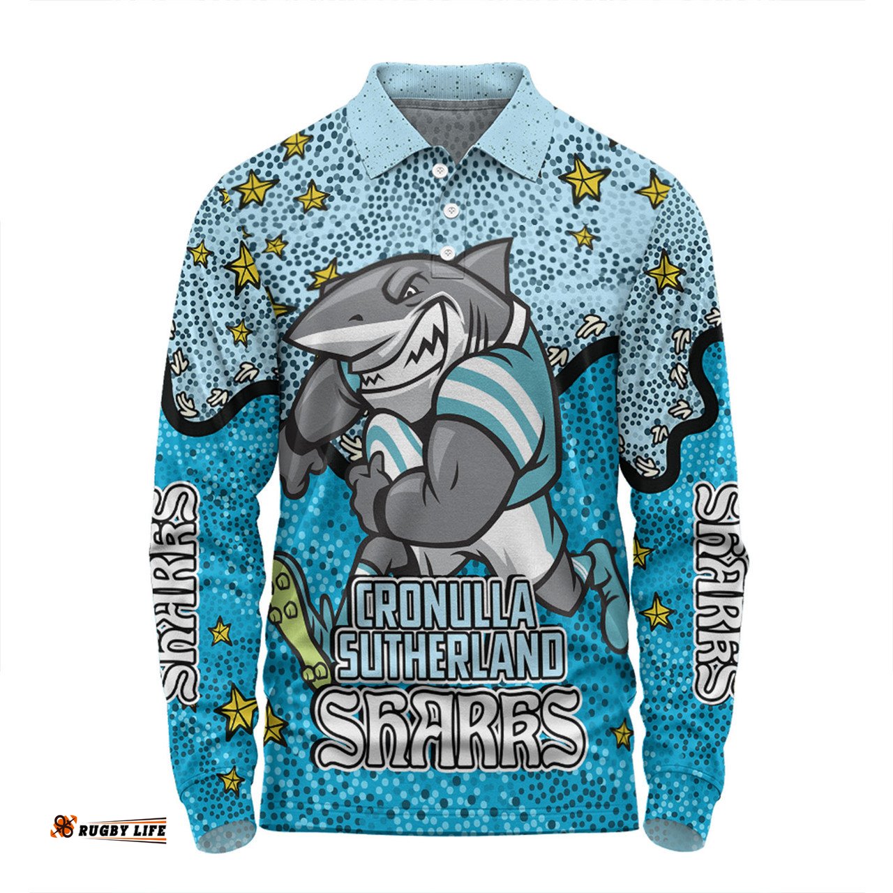 Amazing Aussie Cronulla Sutherland Sharks Custom Team With Dot And Star Patterns For Tough Fan Long Sleeve Polo Shirt