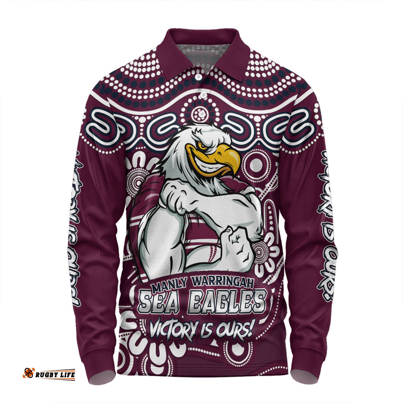 Amazing Aussie Manly Warringah Sea Eagles Aboriginal Inspired Tough Fan Rugby For Life Ver 2.0 Long Sleeve Polo Shirt