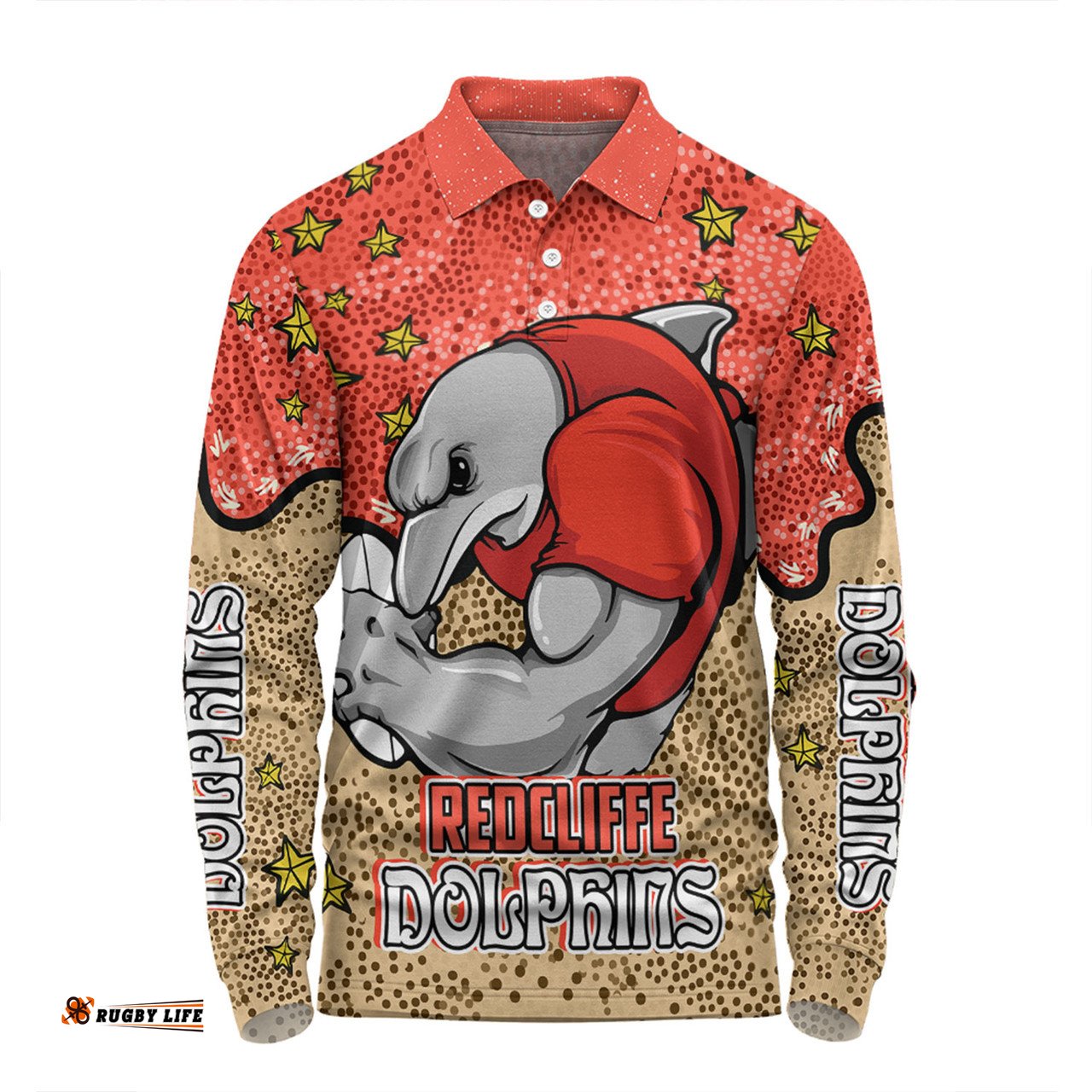 Amazing Aussie Redcliffe Dolphins Custom Team With Dot And Star Patterns For Tough Fan Long Sleeve Polo Shirt