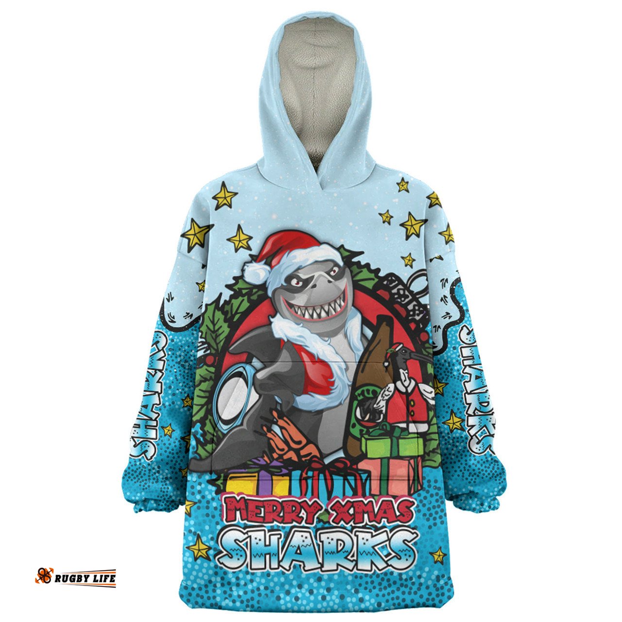 Cronulla Sutherland Sharks Christmas Custom Merry Christmas Our Beloved Team With Aboriginal Dot Art Pattern Wearable Blanket Hoodie Aussie Oodie