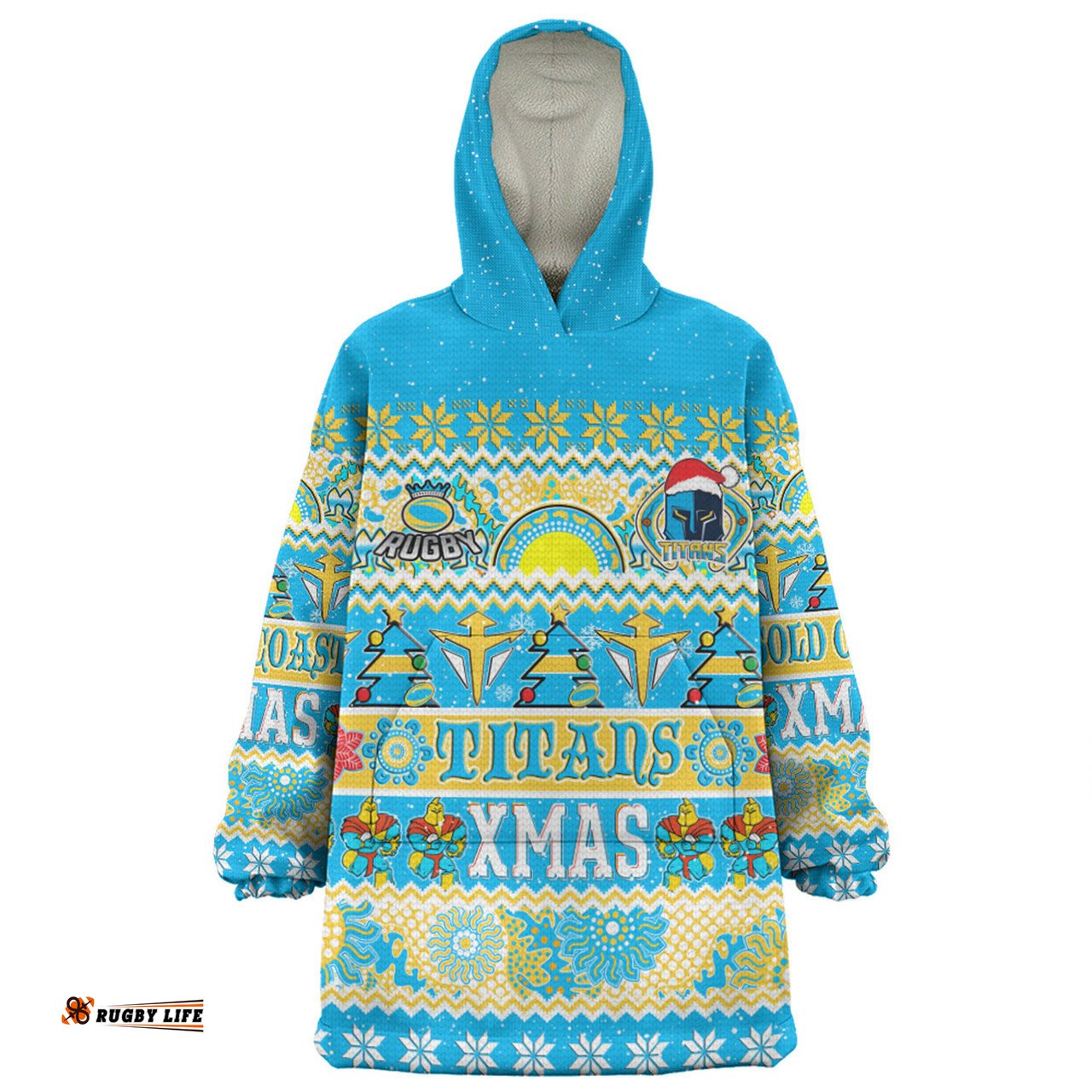 Gold Coast Titans Christmas Aboriginal Custom Indigenous Knitted Ugly Xmas Style Wearable Blanket Hoodie Aussie Oodie
