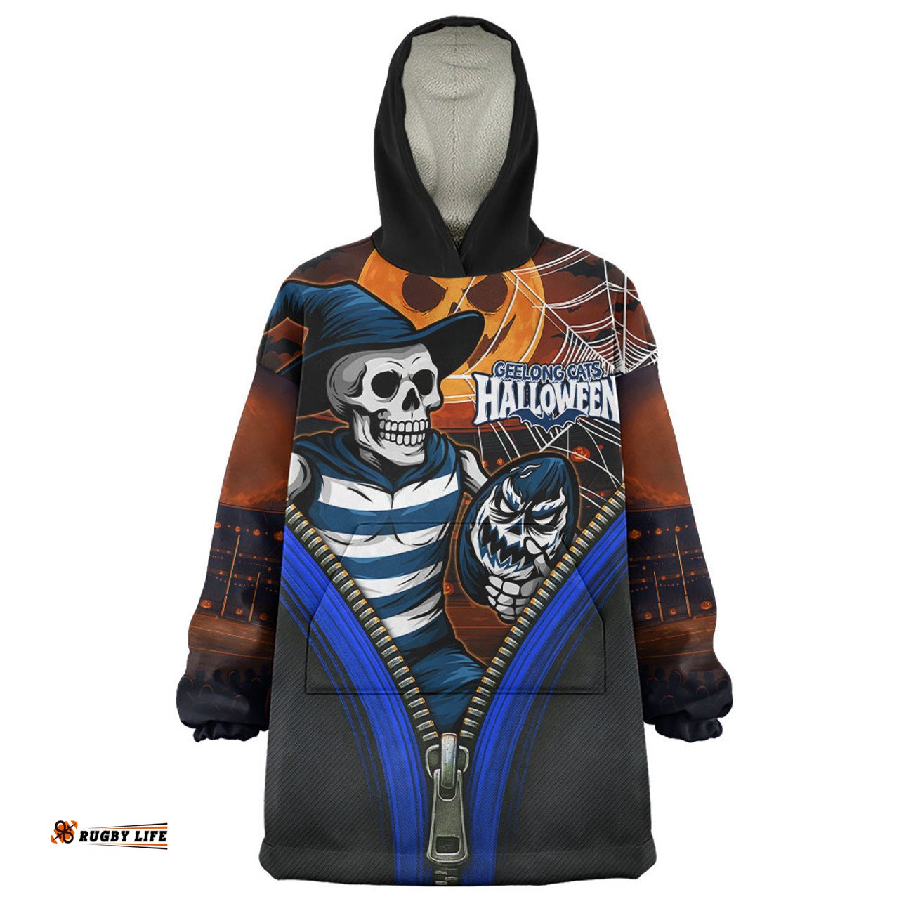 Geelong Cats Halloween Night Reaper Zipper Wearable Blanket Hoodie Aussie Oodie