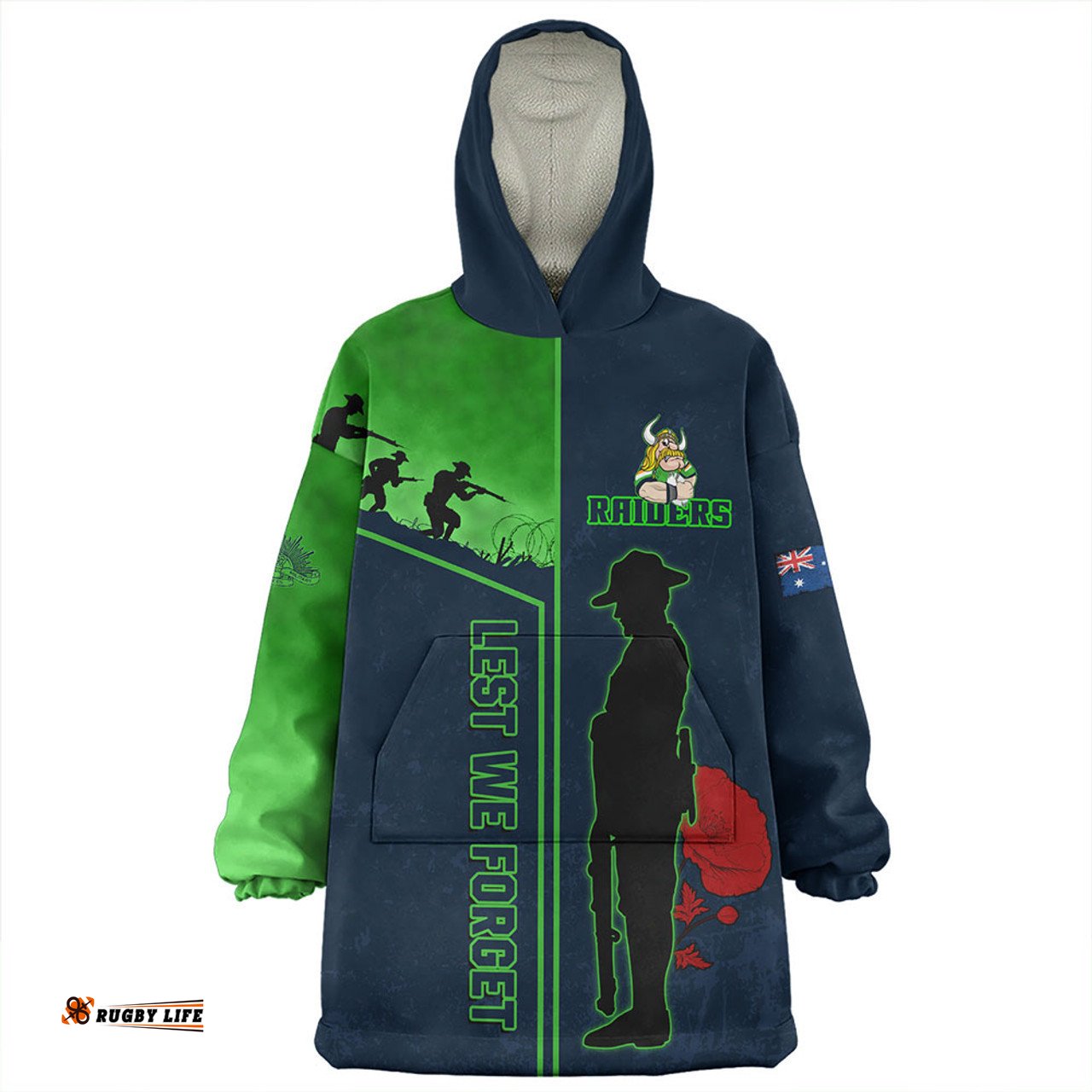 Canberra Raiders Anzac Day Lest We Forget Poppy Wearable Blanket Hoodie Aussie Oodie