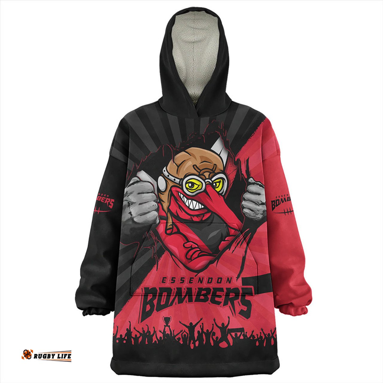 Essendon Breaking Through Fan Design Wearable Blanket Hoodie Aussie Oodie