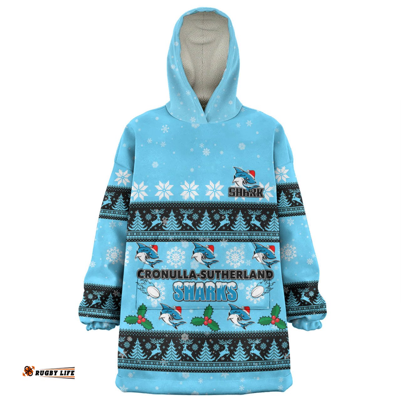Cronulla Sutherland Sharks Christmas Custom Special Ugly Christmas Wearable Blanket Hoodie Aussie Oodie