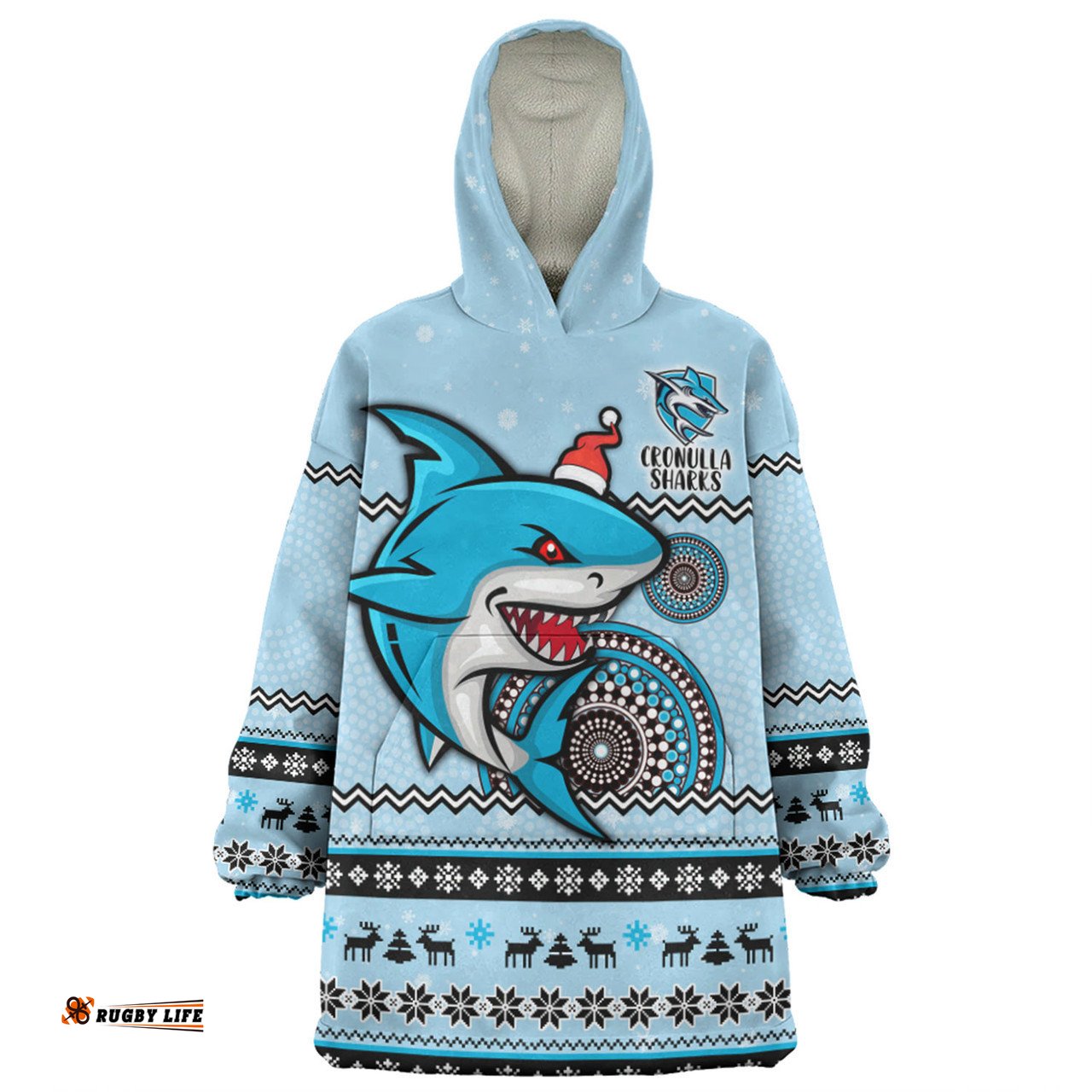 Cronulla Sutherland Sharks Christmas Custom Ugly Xmas And Aboriginal Patterns For Die Hard Fan Wearable Blanket Hoodie Aussie Oodie