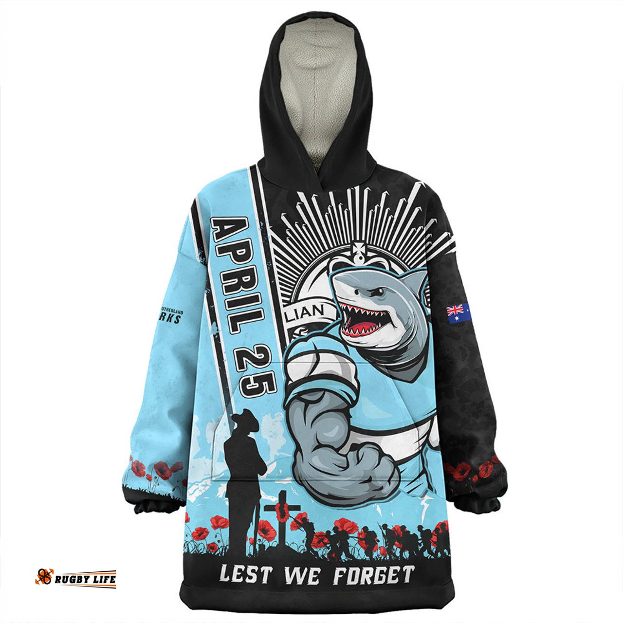 Cronulla Sutherland Sharks Anzac Day Lest We Forget Strong Fighting Spirit Wearable Blanket Hoodie Aussie Oodie