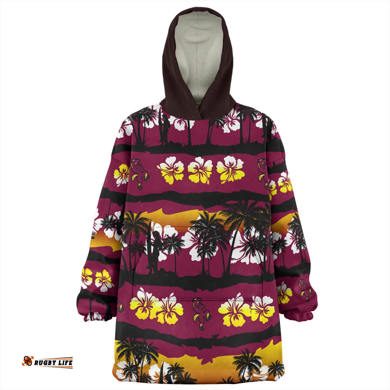 Brisbane Broncos Tropical Hibiscus and Coconut Trees Wearable Blanket Hoodie Aussie Oodie