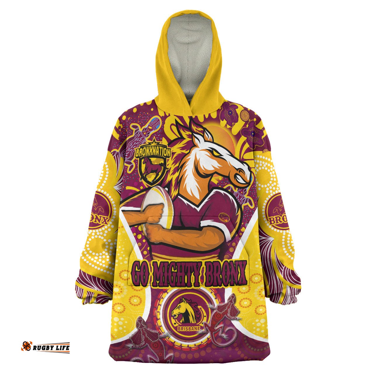 Brisbane Broncos Custom Go Mighty Broncos Indigenous Art Personalised Player Name And Number Wearable Blanket Hoodie Aussie Oodie