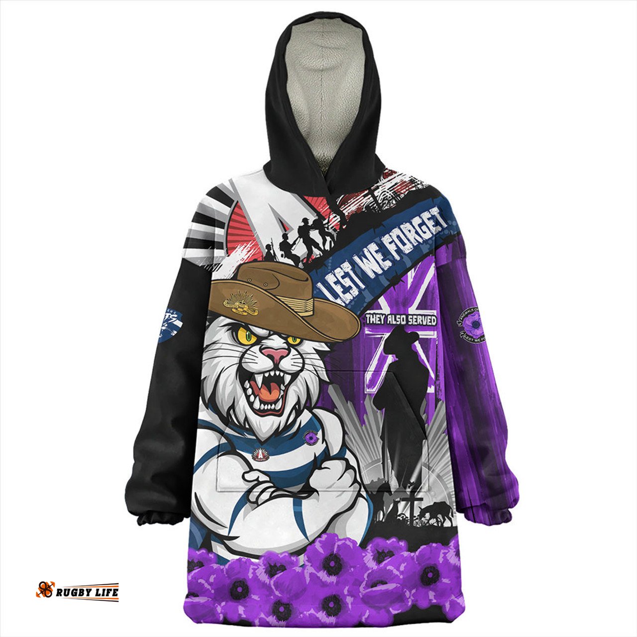 Geelong Cats ANZAC Day Honor Purple Valor And Spirit Wearable Blanket Hoodie Aussie Oodie