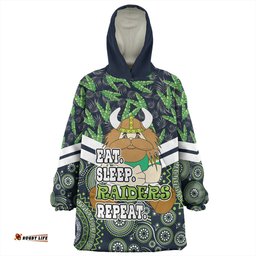 Canberra Raiders Tropical Patterns And Dot Painting Eat Sleep Rugby Repeat Wearable Blanket Hoodie Aussie Oodie