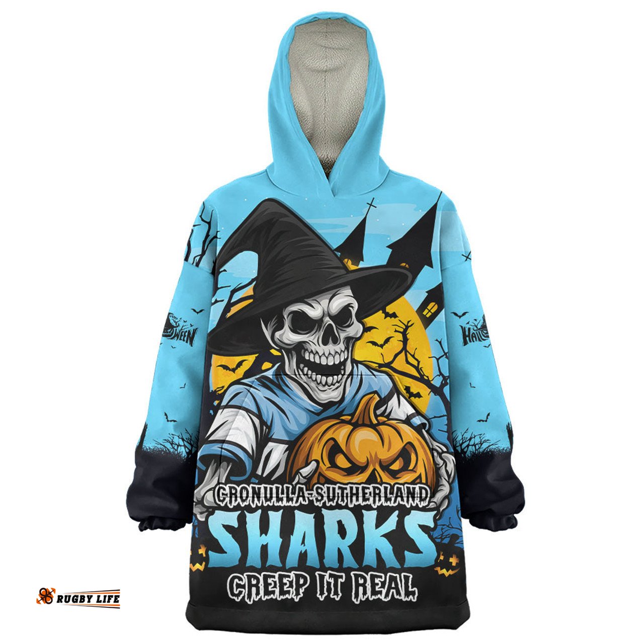 Cronulla Sutherland Sharks Dark Moon Rugby Halloween Battle Edition Wearable Blanket Hoodie Aussie Oodie