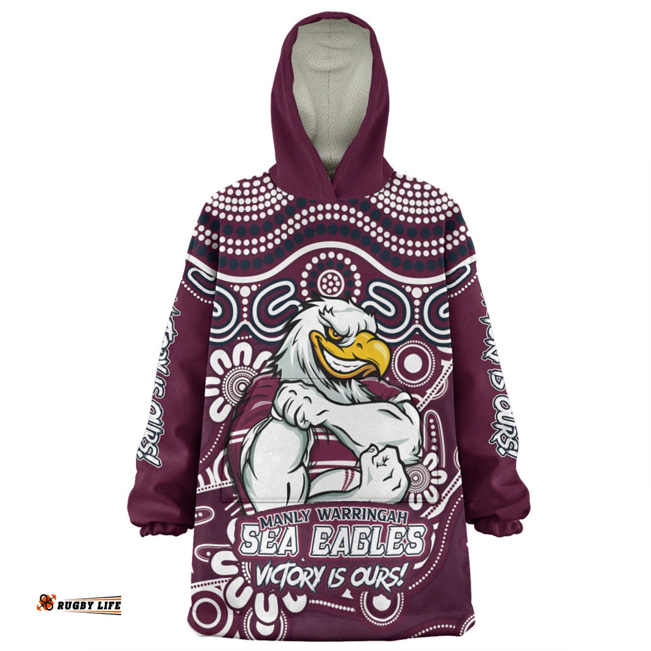 Manly Warringah Sea Eagles Aboriginal Inspired Tough Fan Rugby For Life Ver 2.0 Wearable Blanket Hoodie Aussie Oodie