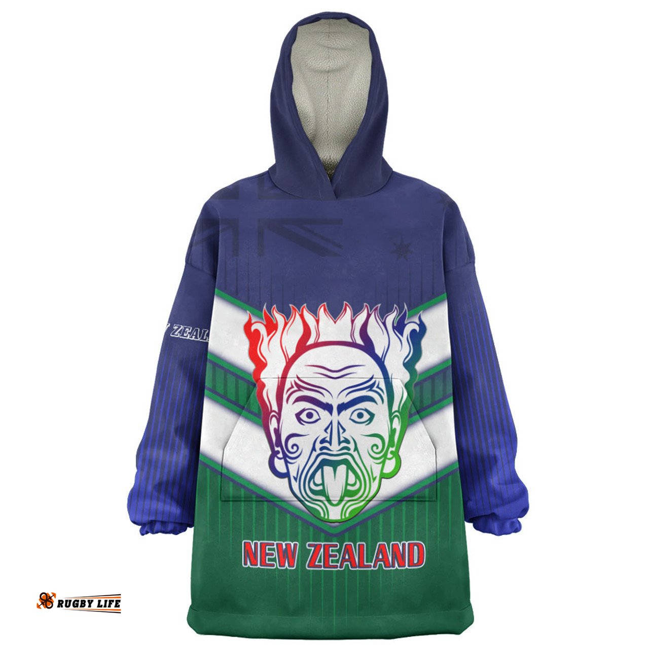 New Zealand Warriors Sport Maori Face With NZ Flag Wearable Blanket Hoodie Aussie Oodie