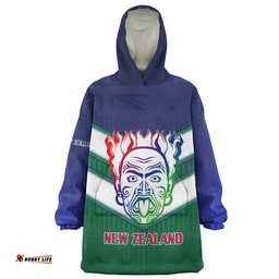 New Zealand Warriors Sport Maori Face With NZ Flag Wearable Blanket Hoodie Aussie Oodie