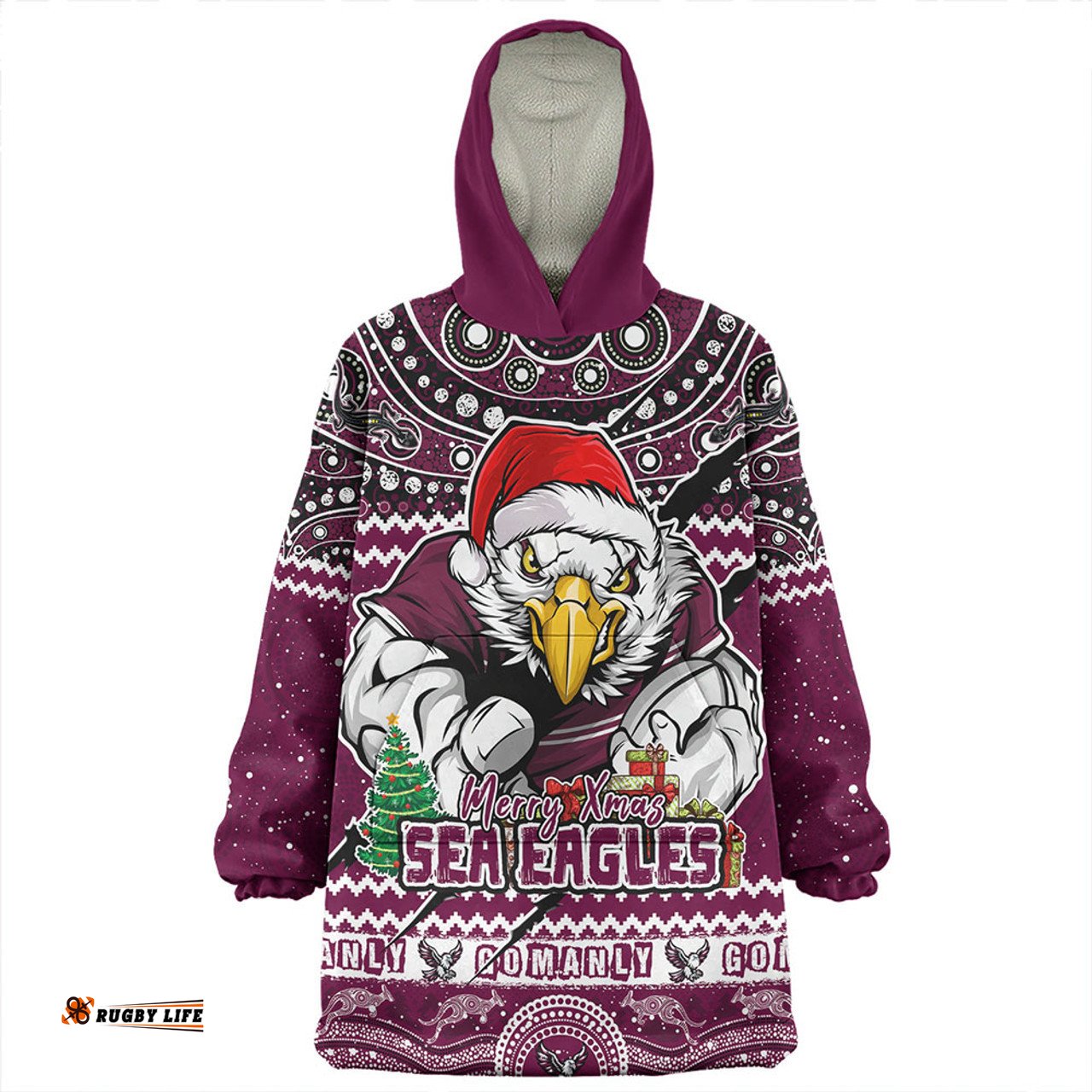 Manly Warringah Sea Eagles Aboriginal Xmas Special Ugly Christmas Style Wearable Blanket Hoodie Aussie Oodie