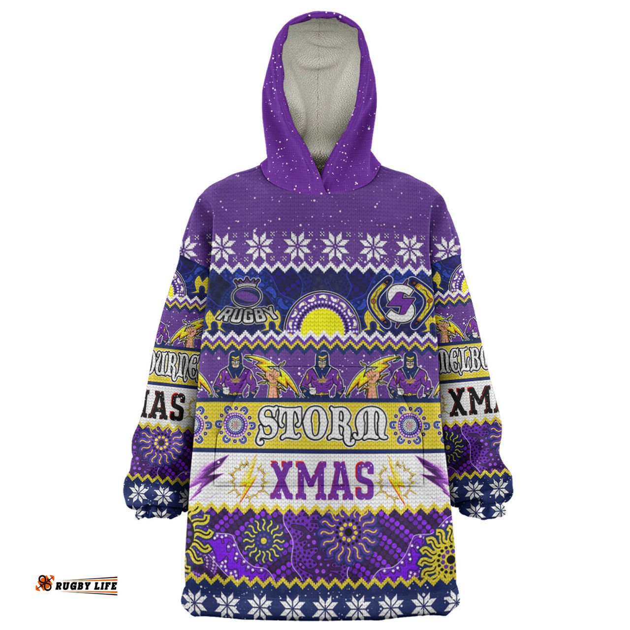 Melbourne Storm Christmas Aboriginal Custom Indigenous Knitted Ugly Xmas Style Wearable Blanket Hoodie Aussie Oodie