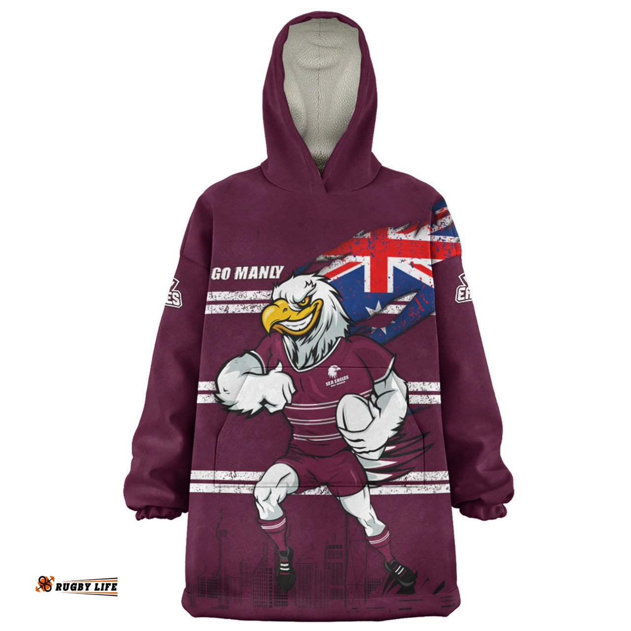 Manly Warringah Sea Eagles Custom For Die Hard Fan Australia Flag Scratch Style Wearable Blanket Hoodie Aussie Oodie