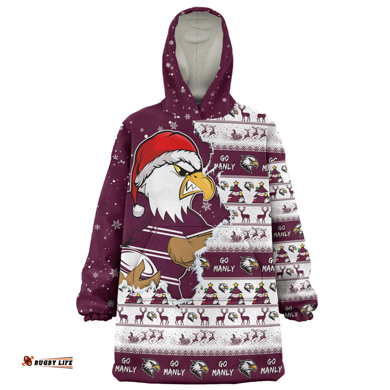 Manly Warringah Sea Eagles Merry Ugly Christmas Our Beloved Team Scratch Style Wearable Blanket Hoodie Aussie Oodie